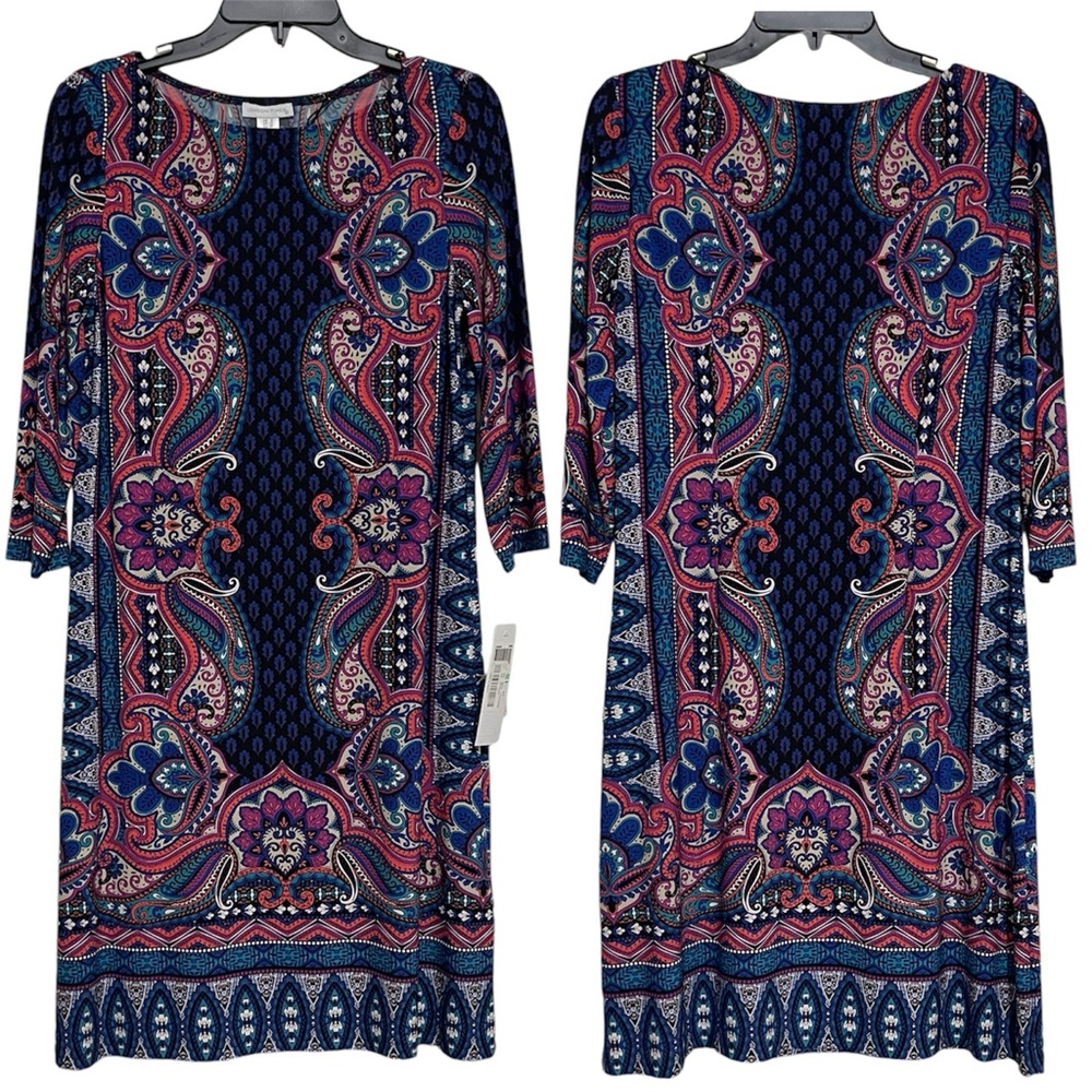London Times Women's Shift Dress Black Blue Paisley Print 3/4 Sleeve Size 8